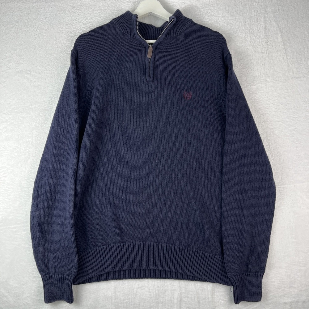 Chaps Sweater Mens Medium Navy Blue Cotton Tight Knit Quarter Zip Winter Casual